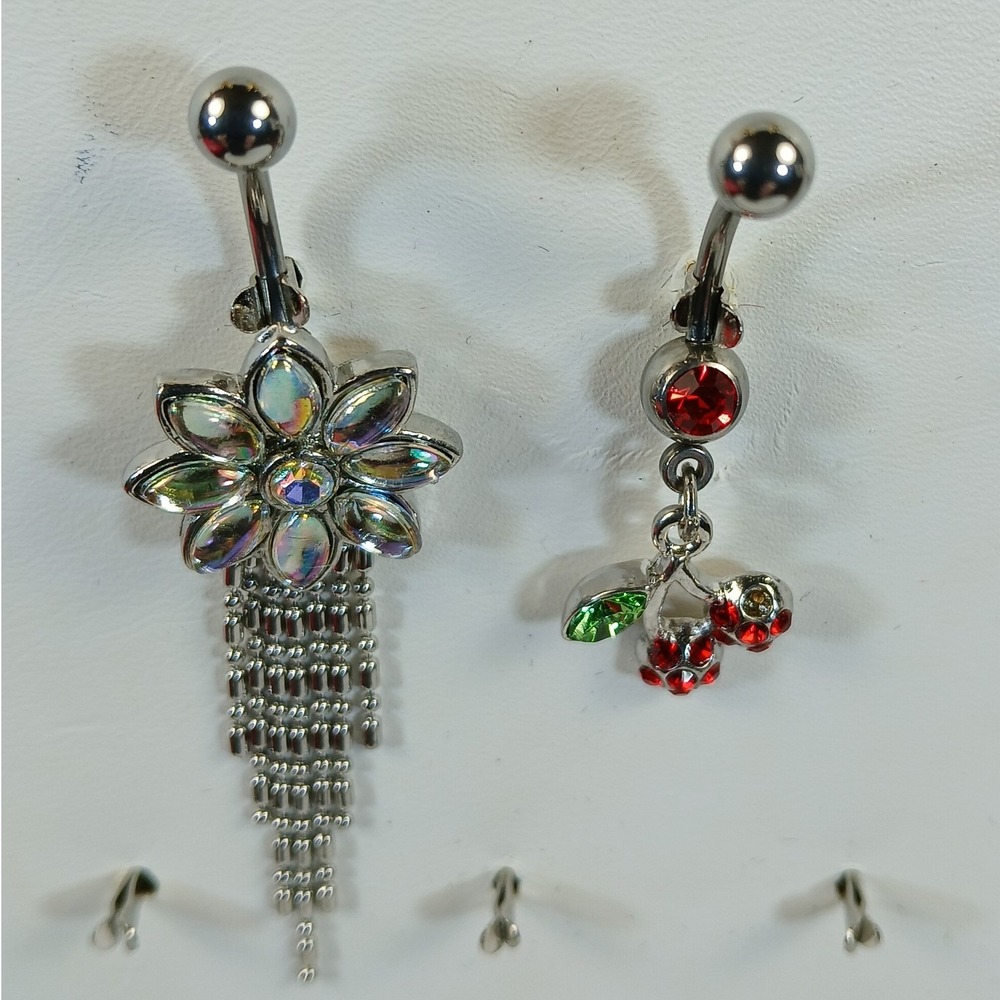 Set of 5 Navel Belly Button Rings Gold Silver Tone Floral Cherry Tassel Crystal - Picture 8 of 13